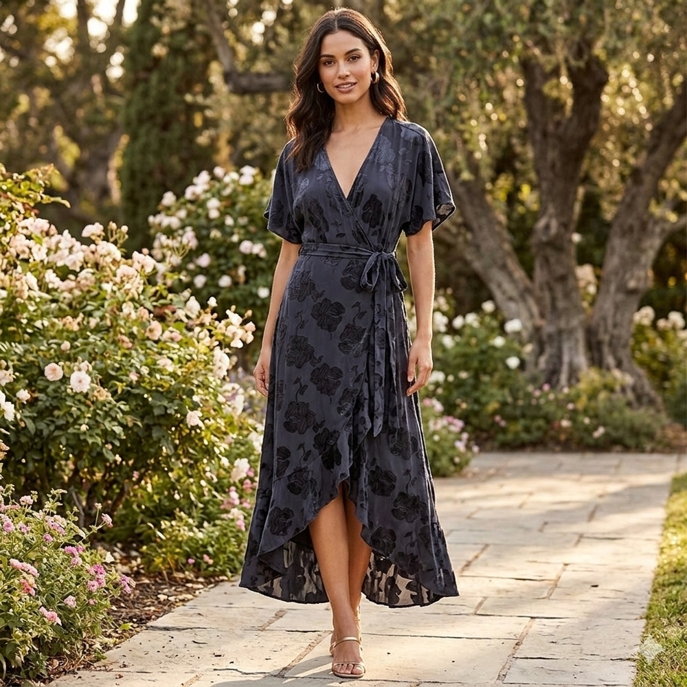 Dynamite Charcoal Floral High-Low Wrap Dress